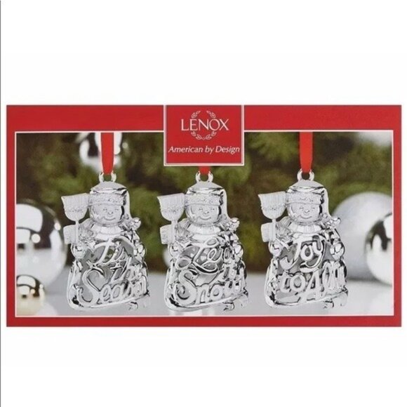 Lenox set of 3 silverplate snowman ornaments NEW red ribbon Joy Snow Christmas - Picture 1 of 5